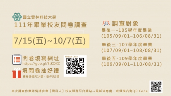 【通知】111年畢業校友問卷調查